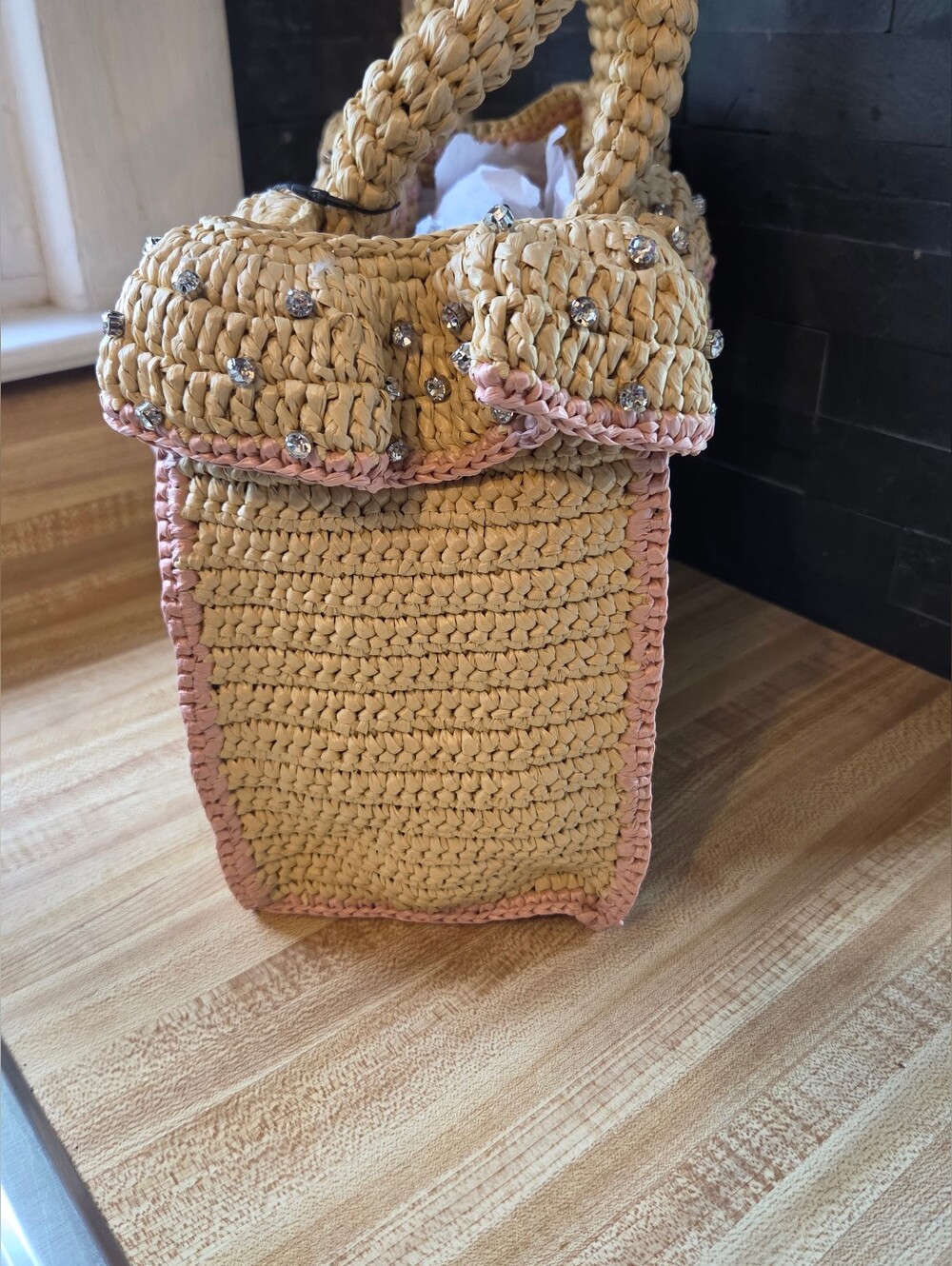 Kurt Geiger Straw Crochet Tote with Pink Trim and Gold Hardware - Picture 3 of 8